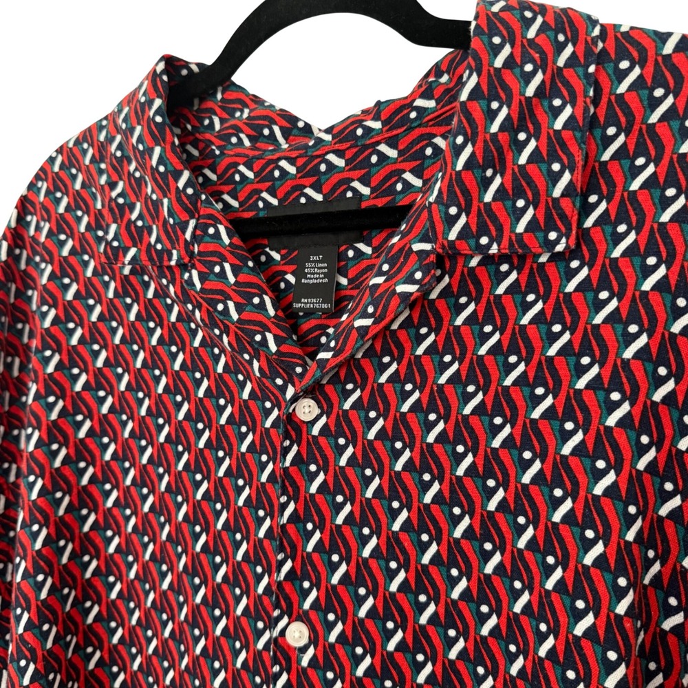 Shaquille O'Neal Button Down Men 3XLT Red Geometric Linen Blend shirt Streetwear